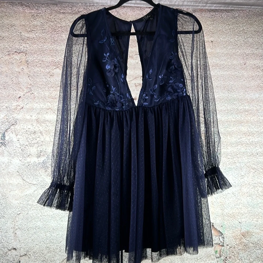 Elegant Navy Blue Dress Instinctively Adorable Navy Mesh SwissDot Babydoll MN127 - Picture 5 of 7